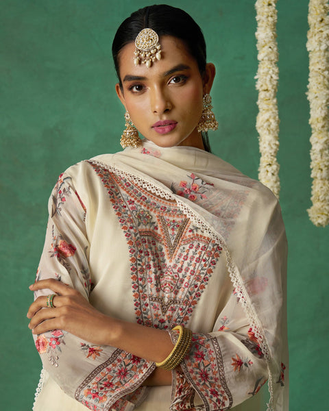 Cream Pure Organza Silk Thread Work Women Unstitched Churidar Suit With Chiffon Dupatta