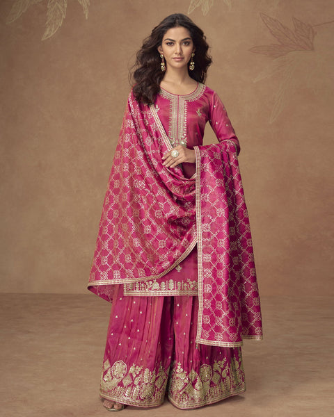 Pink Simar Silk Readymade Woman Palazzo Suit With Silk Dupatta