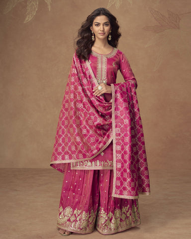 Pink Simar Silk Readymade Woman Palazzo Suit With Silk Dupatta