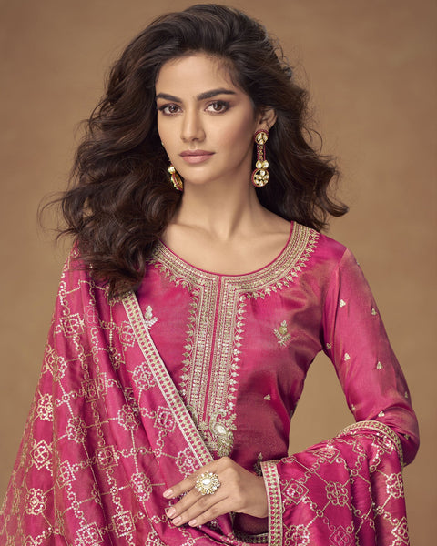 Pink Simar Silk Readymade Woman Palazzo Suit With Silk Dupatta