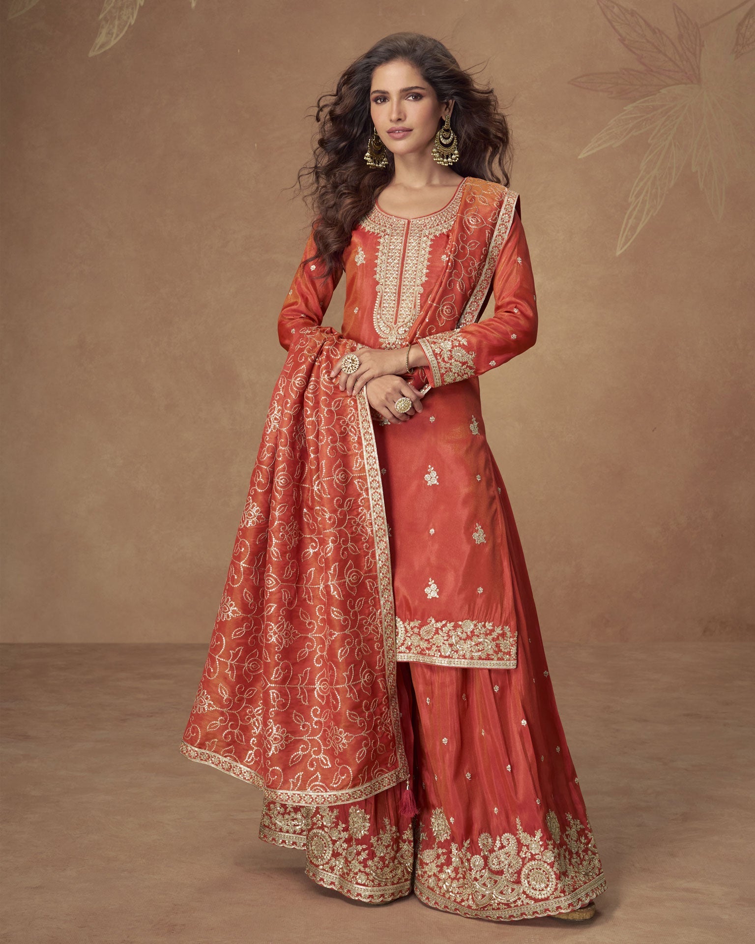 Rust Simar Silk Readymade Woman Palazzo Suit With Silk Dupatta