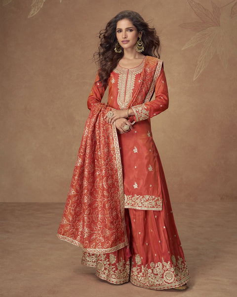Rust Simar Silk Readymade Woman Palazzo Suit With Silk Dupatta