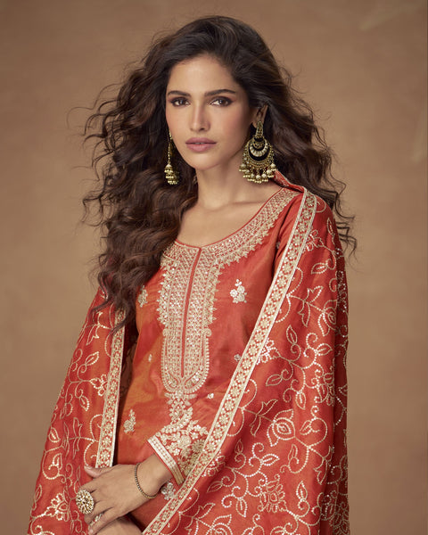 Rust Simar Silk Readymade Woman Palazzo Suit With Silk Dupatta