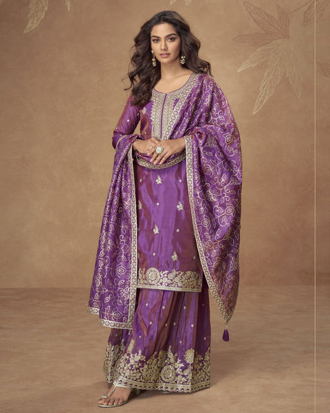 Purple Simar Silk Readymade Woman Palazzo Suit With Silk Dupatta