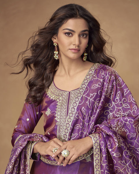 Purple Simar Silk Readymade Woman Palazzo Suit With Silk Dupatta