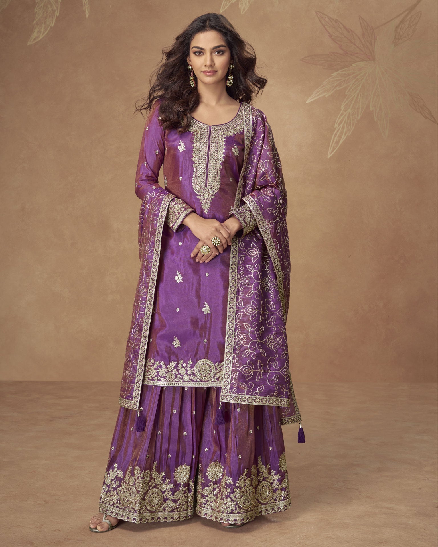 Purple Simar Silk Readymade Woman Palazzo Suit With Silk Dupatta