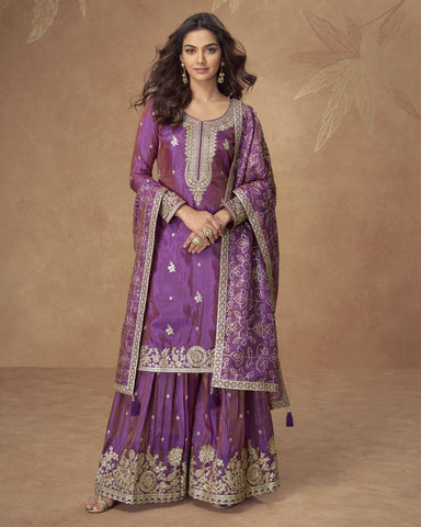 Purple Simar Silk Readymade Woman Palazzo Suit With Silk Dupatta