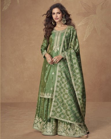 Green Simar Silk Readymade Woman Palazzo Suit With Silk Dupatta