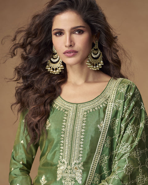 Green Simar Silk Readymade Woman Palazzo Suit With Silk Dupatta