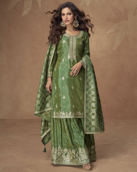 Green Simar Silk Readymade Woman Palazzo Suit With Silk Dupatta