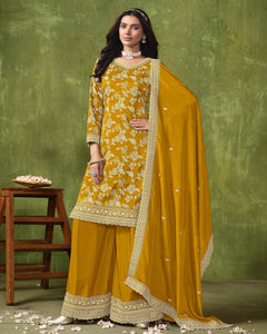 Yellow Women Customized Jacquard Silk Zari Work Palazzo Suit With Chinnon Silk Dupatta