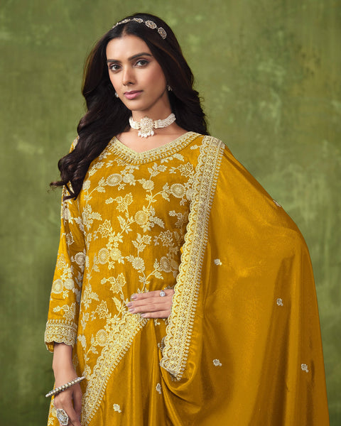 Yellow Women Customized Jacquard Silk Zari Work Palazzo Suit With Chinnon Silk Dupatta