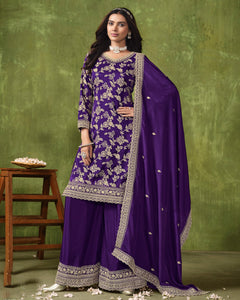 Purple Women Customized Jacquard Silk Zari Work Palazzo Suit With Chinnon Silk Dupatta