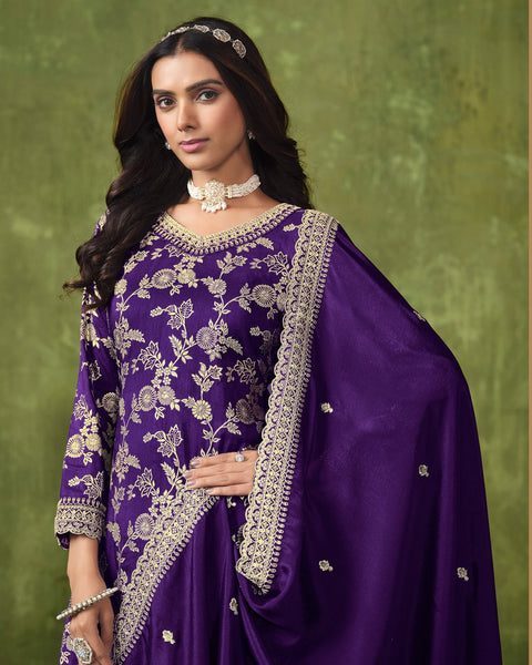 Purple Women Customized Jacquard Silk Zari Work Palazzo Suit With Chinnon Silk Dupatta