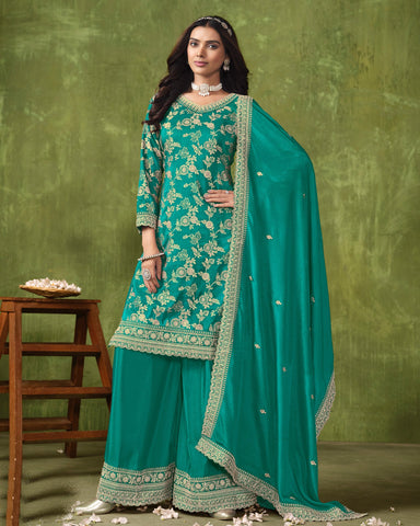 Sea Green Women Customized Jacquard Silk Zari Work Palazzo Suit With Chinnon Silk Dupatta