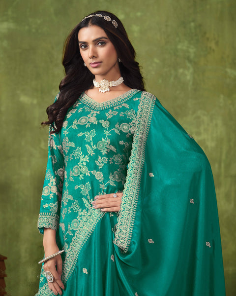 Sea Green Women Customized Jacquard Silk Zari Work Palazzo Suit With Chinnon Silk Dupatta