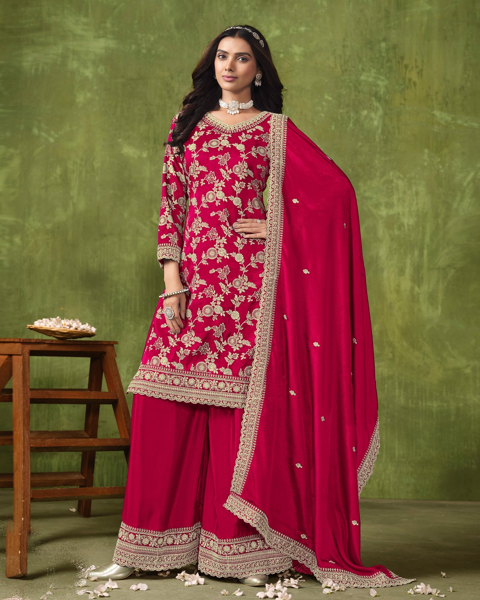 Red Women Customized Jacquard Silk Zari Work Palazzo Suit With Chinnon Silk Dupatta