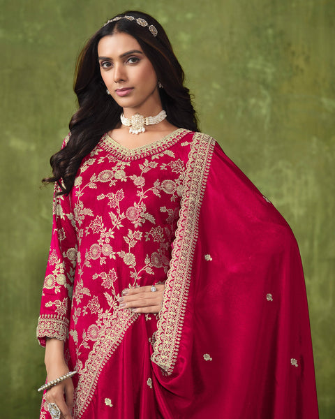 Red Women Customized Jacquard Silk Zari Work Palazzo Suit With Chinnon Silk Dupatta