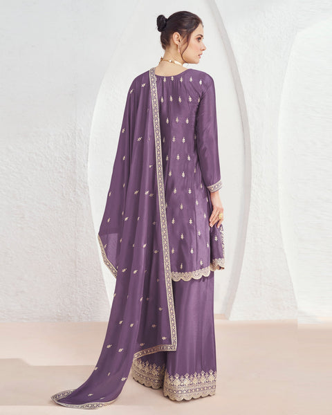 Purple Chinnon Silk Zari Work Palazzo Suit With Embroidered Dupatta