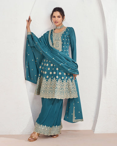 Blue Chinnon Silk Zari Work Palazzo Suit With Embroidered Dupatta