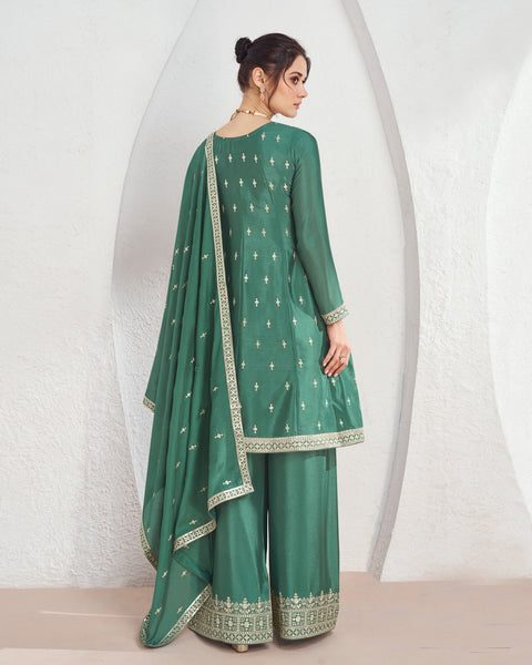 Green Chinnon Silk Zari Work Palazzo Suit With Embroidered Dupatta