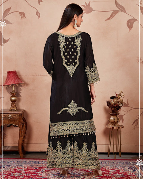 Black Women Readymade Chinnon Silk Zari Work Palazzo Suit With Chinnon Silk Dupatta