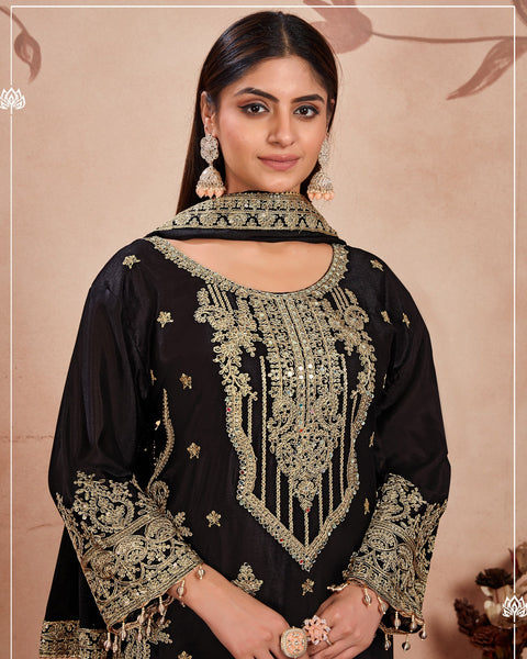 Black Women Readymade Chinnon Silk Zari Work Palazzo Suit With Chinnon Silk Dupatta