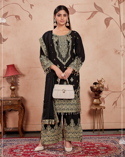 Black Women Readymade Chinnon Silk Zari Work Palazzo Suit With Chinnon Silk Dupatta