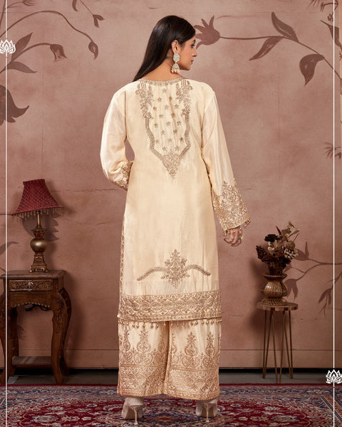 Cream Women Readymade Chinnon Silk Zari Work Palazzo Suit With Chinnon Silk Dupatta