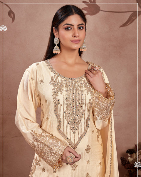 Cream Women Readymade Chinnon Silk Zari Work Palazzo Suit With Chinnon Silk Dupatta