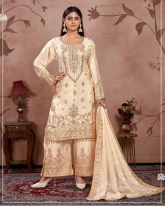 Cream Women Readymade Chinnon Silk Zari Work Palazzo Suit With Chinnon Silk Dupatta