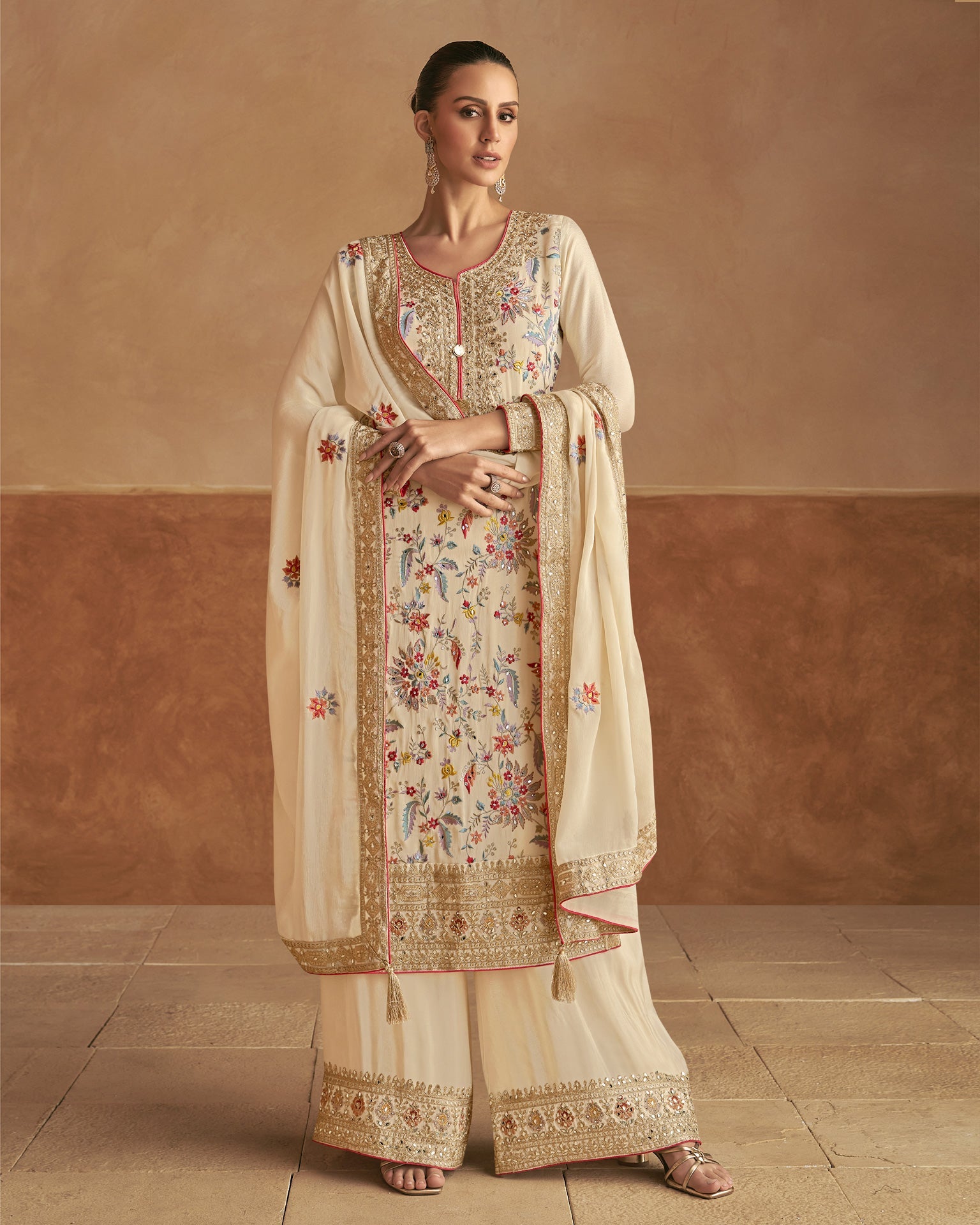 Cream Women Readymade Chinnon Silk Thread Sequins Mirror Work Palazzo Suit With Embroidered Dupatta