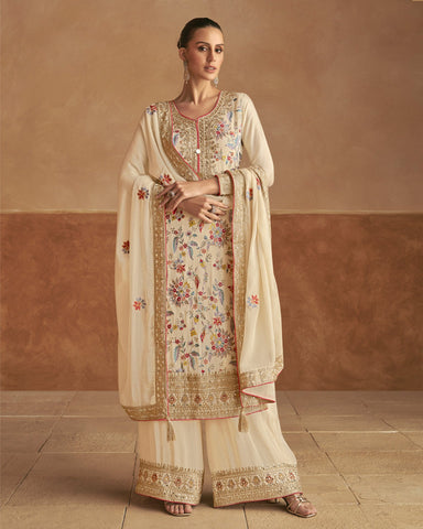 Cream Women Readymade Chinnon Silk Thread Sequins Mirror Work Palazzo Suit With Embroidered Dupatta