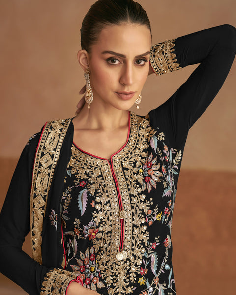 Black Women Readymade Chinnon Silk Thread Sequins Mirror Work Palazzo Suit With Embroidered Dupatta