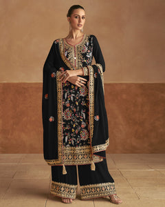 Black Women Readymade Chinnon Silk Thread Sequins Mirror Work Palazzo Suit With Embroidered Dupatta