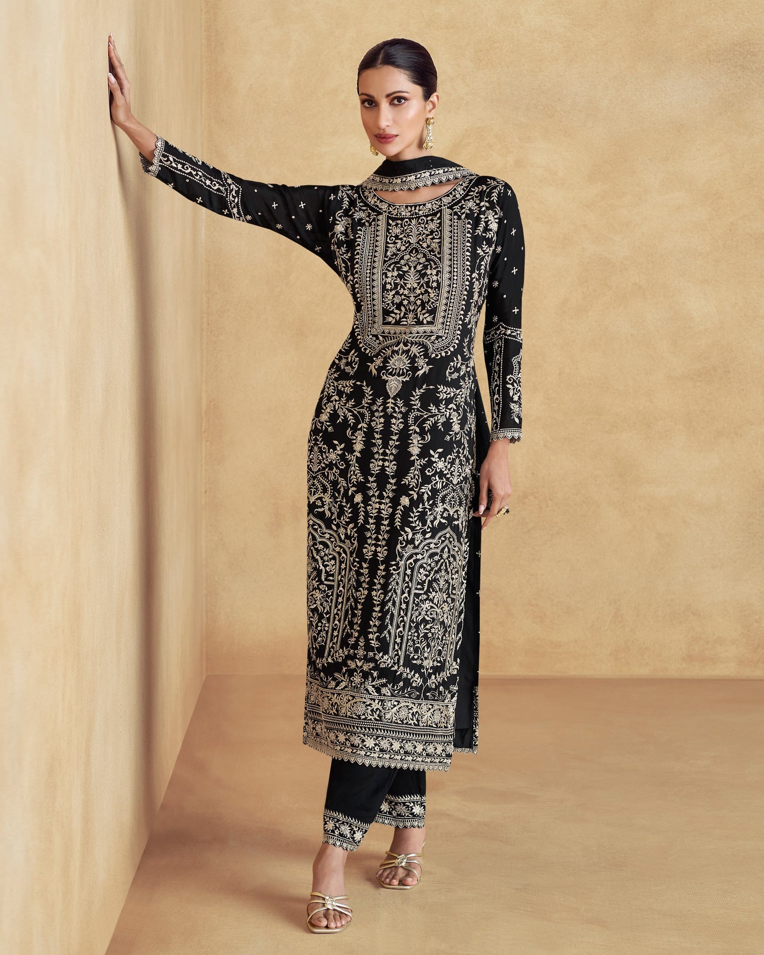 Black Women Readymade Chinnon Silk Thread Work Palazzo Suit With Embroidered Dupatta