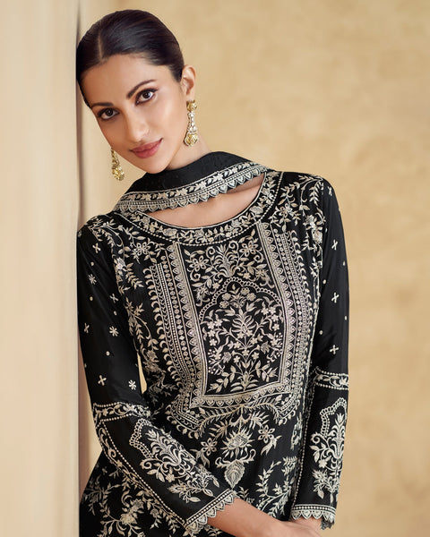 Black Women Readymade Chinnon Silk Thread Work Palazzo Suit With Embroidered Dupatta