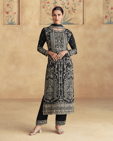 Black Women Readymade Chinnon Silk Thread Work Palazzo Suit With Embroidered Dupatta