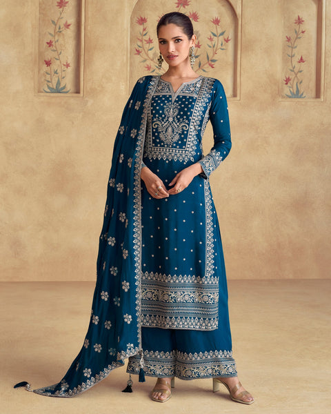 Blue Women Readymade Chinnon Silk Thread Work Palazzo Suit With Embroidered Dupatta