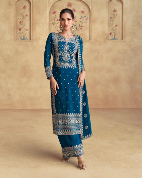 Blue Women Readymade Chinnon Silk Thread Work Palazzo Suit With Embroidered Dupatta