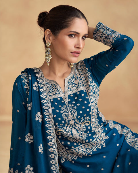 Blue Women Readymade Chinnon Silk Thread Work Palazzo Suit With Embroidered Dupatta