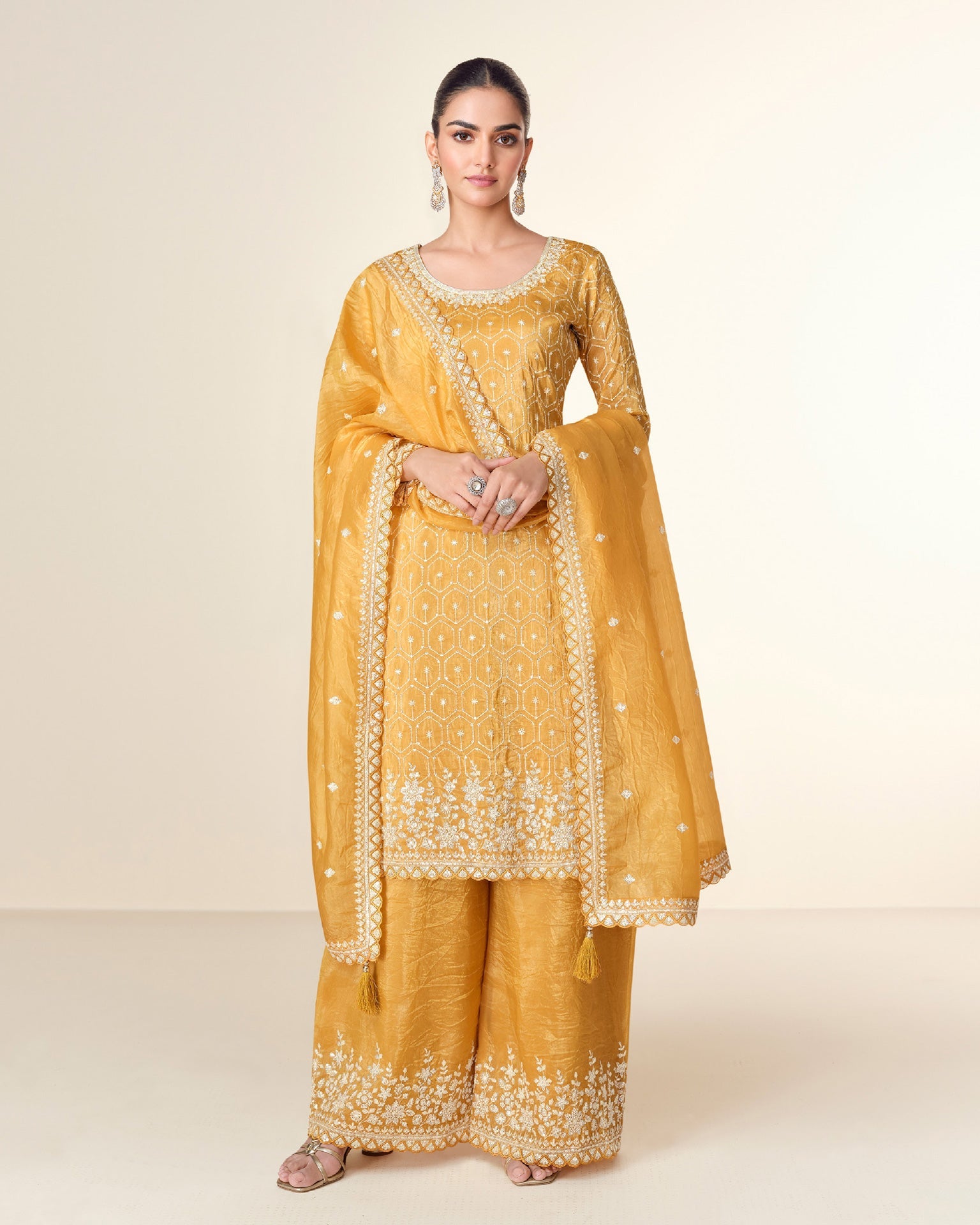 Yellow Women Readymade Crushed Tissue Thread Sequins Work Palazzo Suit With Embroidered Dupatta