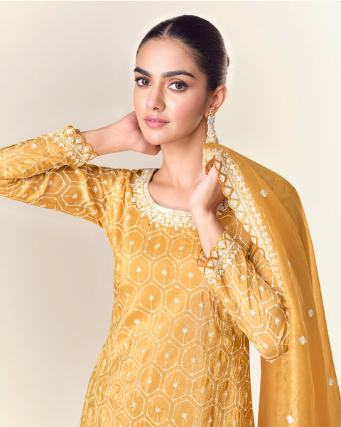 Yellow Women Readymade Crushed Tissue Thread Sequins Work Palazzo Suit With Embroidered Dupatta