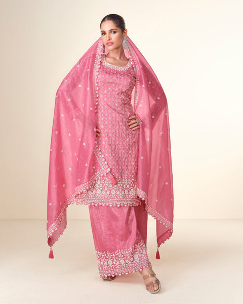 Pink Women Readymade Crushed Tissue Thread Sequins Work Palazzo Suit With Embroidered Dupatta