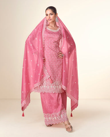 Pink Women Readymade Crushed Tissue Thread Sequins Work Palazzo Suit With Embroidered Dupatta