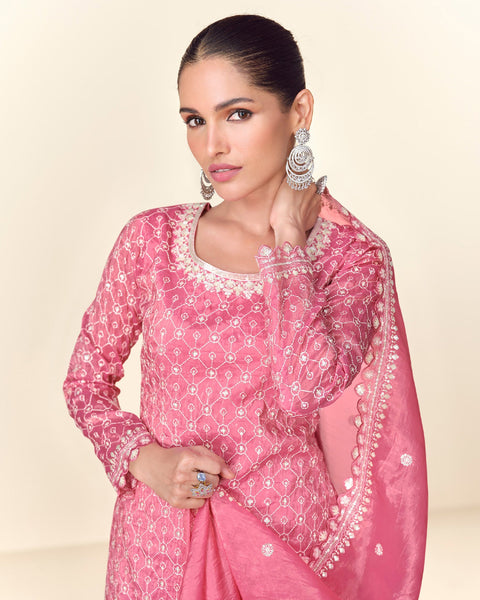 Pink Women Readymade Crushed Tissue Thread Sequins Work Palazzo Suit With Embroidered Dupatta