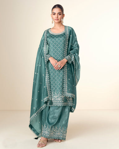 Turquoise Green Women Readymade Crushed Tissue Thread Sequins Work Palazzo Suit With Embroidered Dupatta