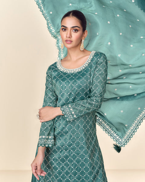 Turquoise Green Women Readymade Crushed Tissue Thread Sequins Work Palazzo Suit With Embroidered Dupatta