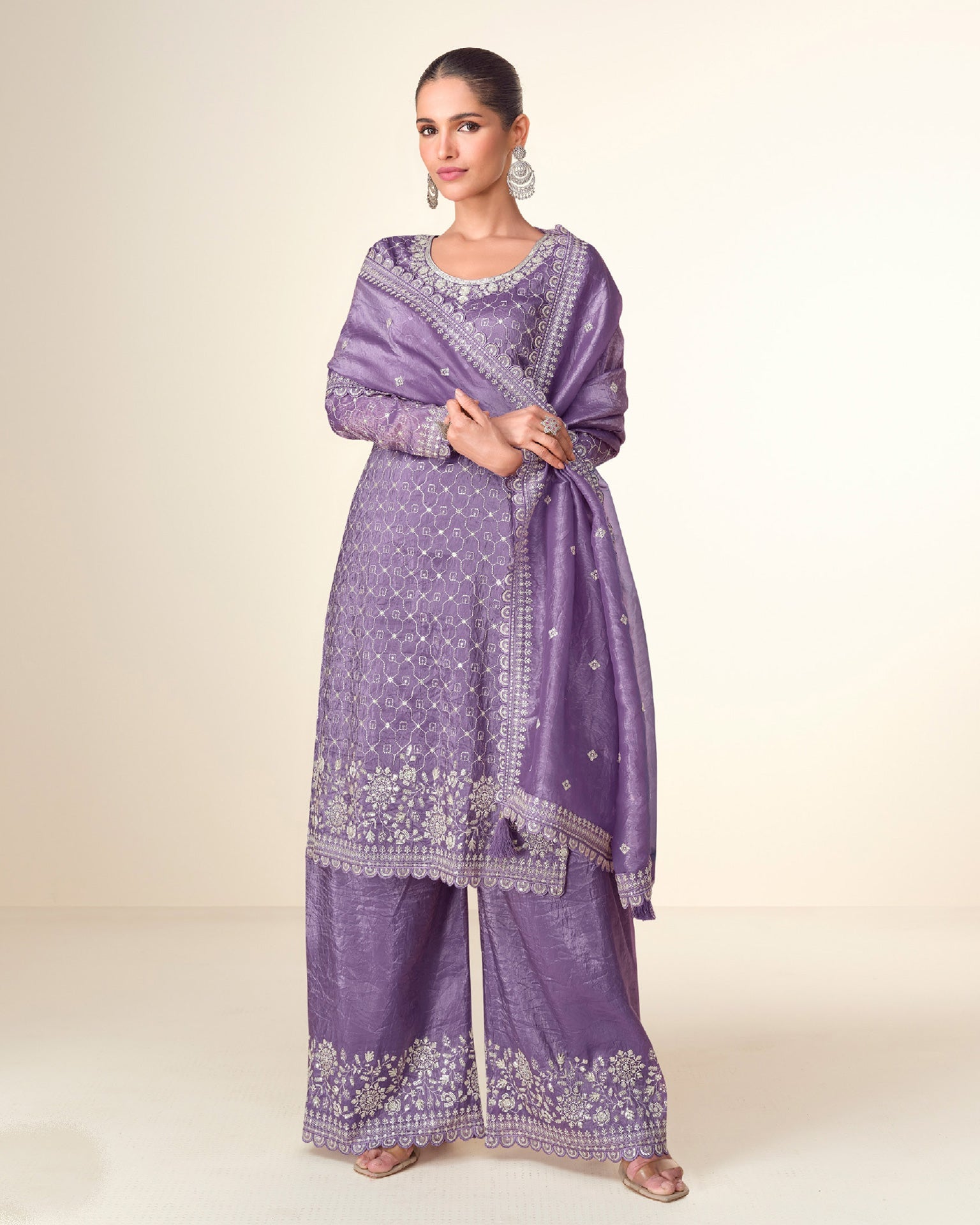 Purple Women Readymade Crushed Tissue Thread Sequins Work Palazzo Suit With Embroidered Dupatta