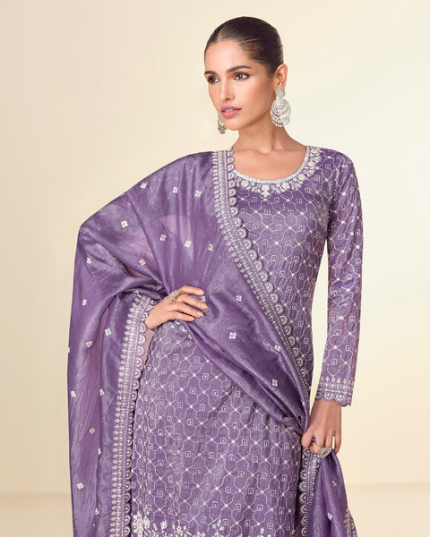 Purple Women Readymade Crushed Tissue Thread Sequins Work Palazzo Suit With Embroidered Dupatta